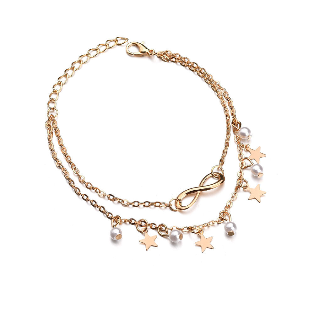 Infinity Fußkettchen Armband + Perlen und Sterne 