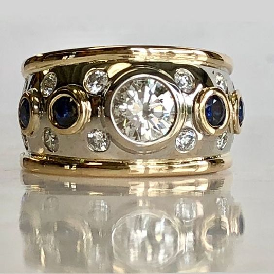 Vintage Ring mit Gold- und Zirkonia-Intarsien 